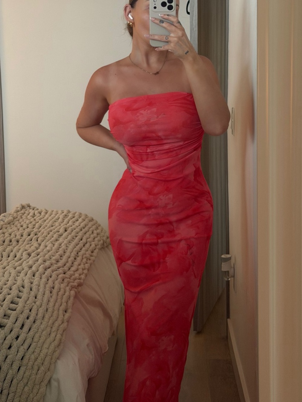 SHEIN Strapless Watercolor Red Bodycon Maxi Dress
